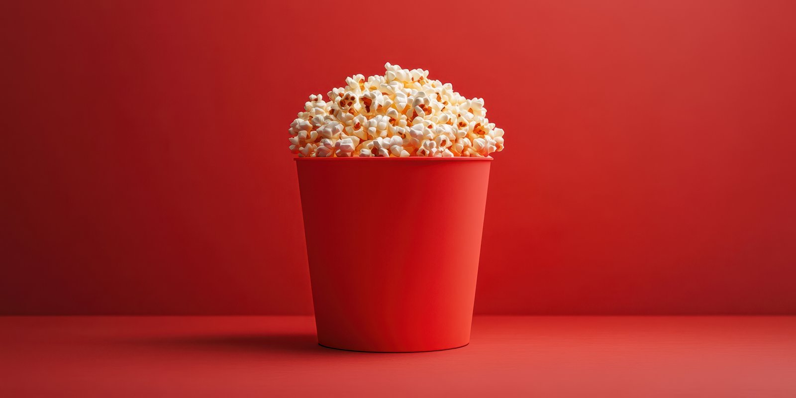 Popcorn in a vibrant red cup against a bold red background creates a striking visual appeal